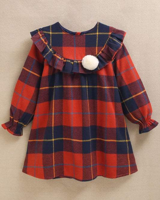 Vestido de niña de cuadros tartán rojos y azules con pompón - Dadati