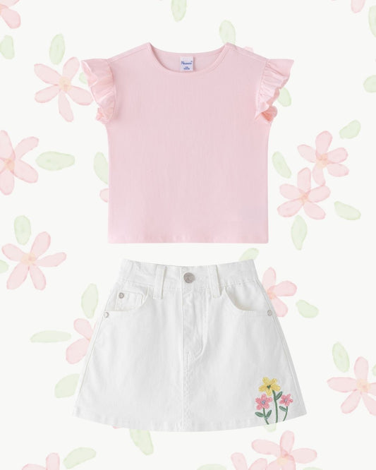 Conjunto Falda Bordada Vaquera Blanca