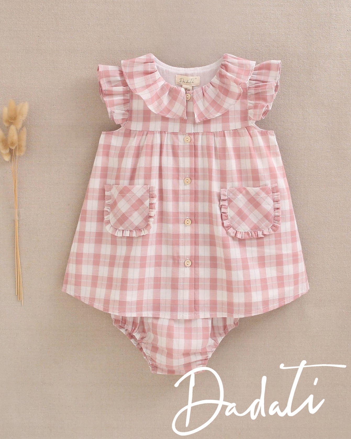 Vestido Bebé Cuadro Vichy Rosa Bolsillos Dadati – Tienda