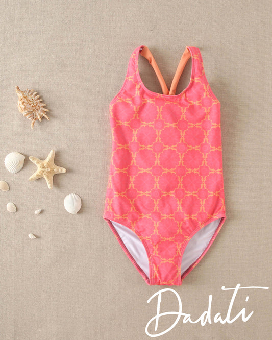 Bañador Niña Cruzado Retro Naranja y Fucsia - Dadati