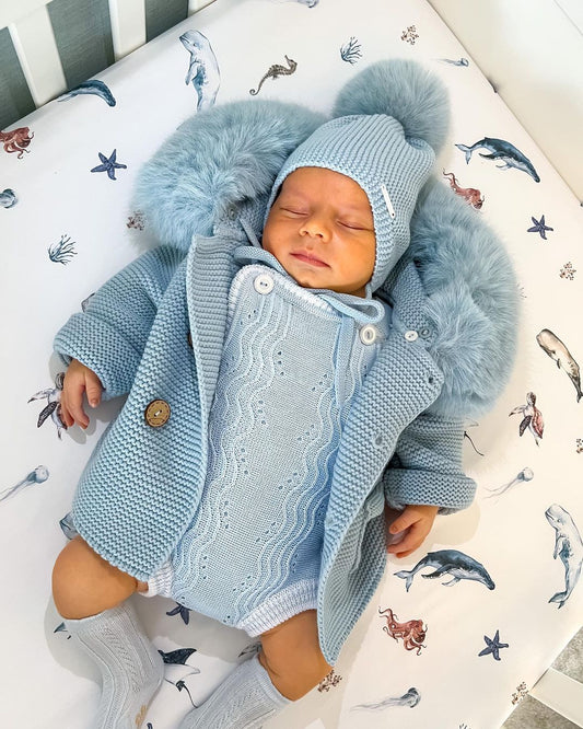 Gorro Pompón Pelo Natural Sintetico Celeste Empolvado- Pangasa Baby