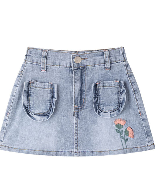 Falda Denim Flores Bordadas