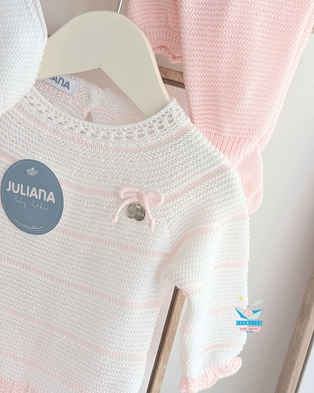 Conjunto bebé polaina Rayado Blanco/Rosa🤎 Colección Canela - Juliana