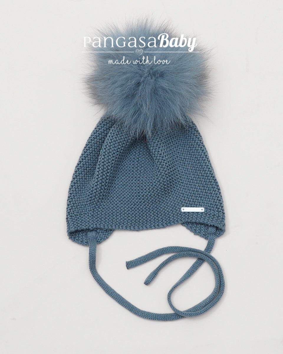 Gorro Orejero Pompón Pelo Azul Petróleo - Pangasa Baby