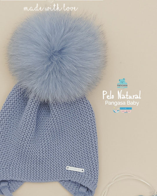 Gorro Orejero Pompón Pelo Natural Sintetico Bruma - Pangasa Baby