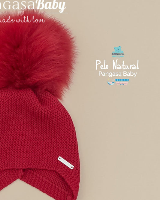 Gorro Orejero Pompón Pelo Natural sintetico rojo Granate cereza - Pangasa Baby