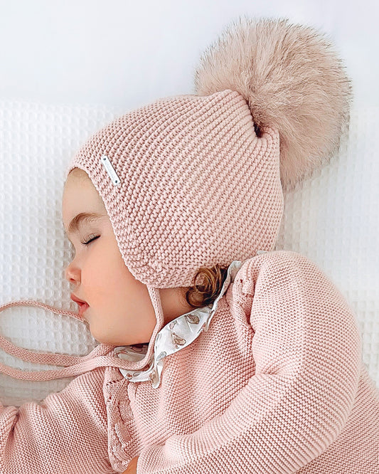Gorro Pompón Pelo Natural Sintético Rosa Vintage - Pangasa Baby
