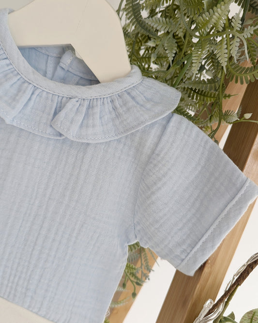 Body Manga Corta Cuello Volante Bambula Celeste - Babidu