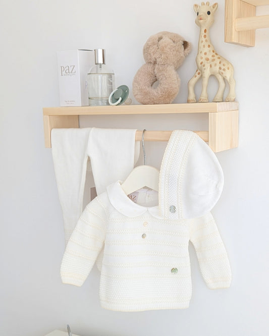 Conjunto Polaina con Capota Cuello Bebé Crudo Paz V25 - Paz Rodriguez