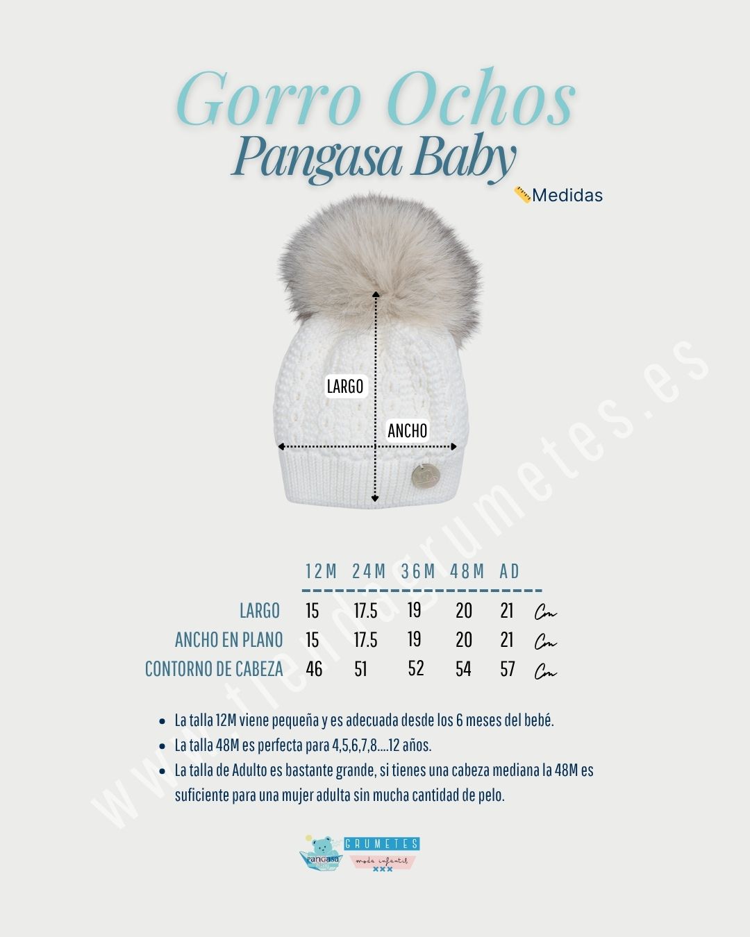 guia de tallas y medidas pangasa baby gorro ochos bebe