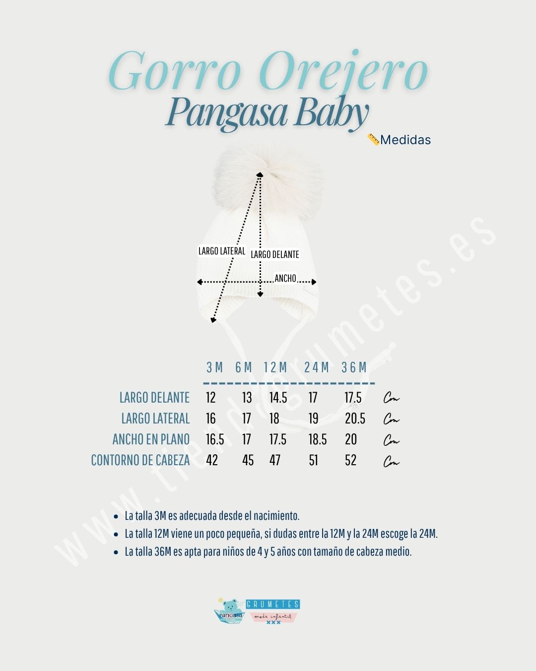 guia de tallas y medidas pangasa baby gorro orejero aviador bebe