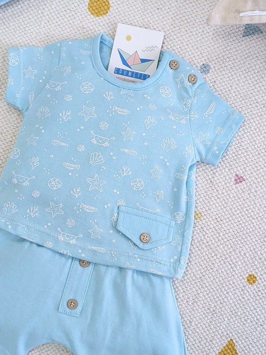 Conjunto Ranita y Camiseta Crabs Turquesa - Babidu