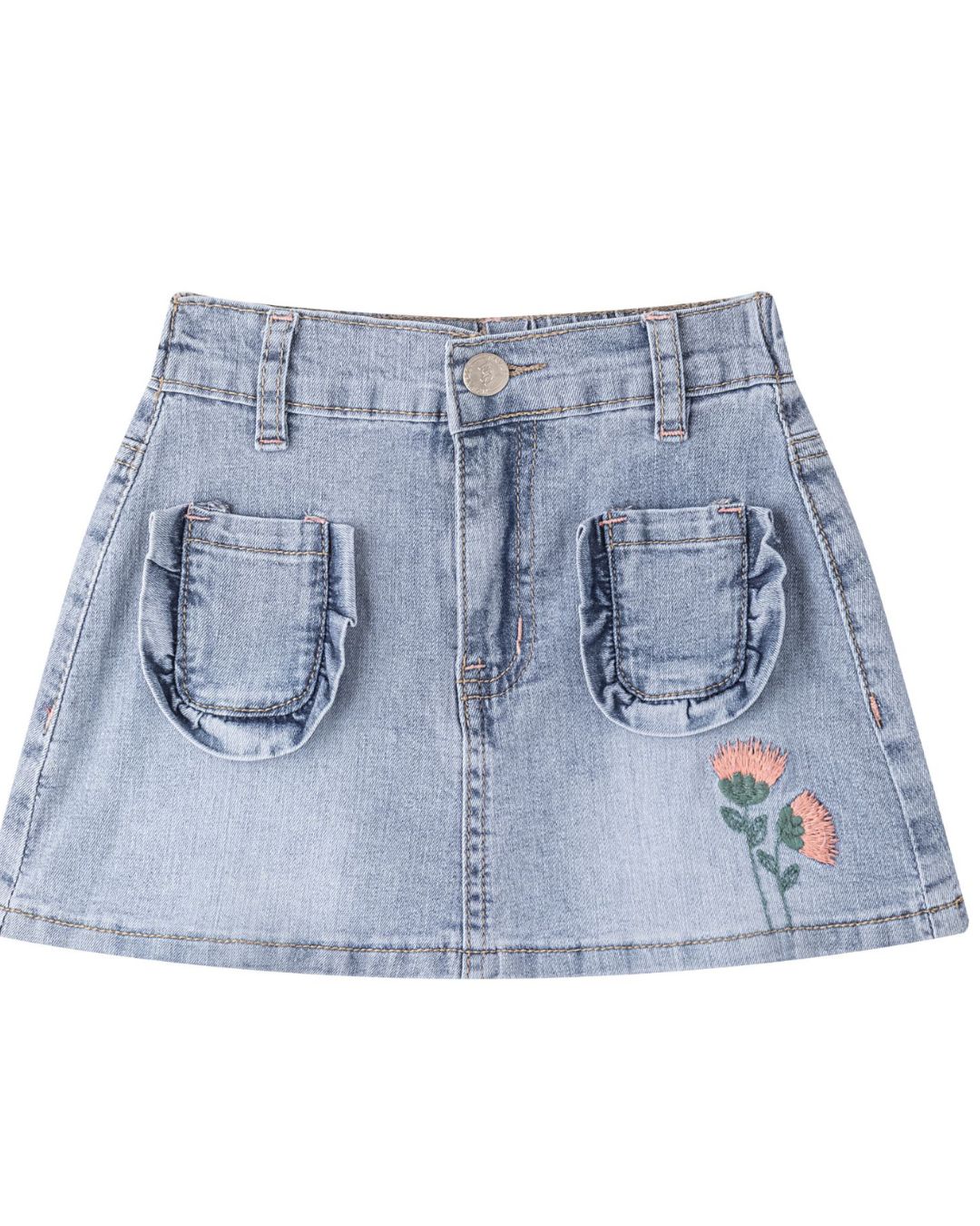 Falda Denim Flores Bordadas