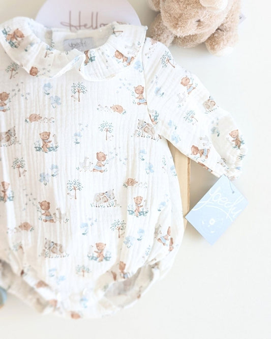 Body Bebé Ositos Celeste Familia Muselina - Yoedu