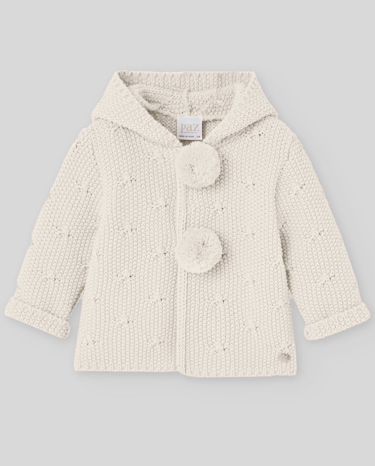 Chaqueton Punto Con Capucha y Pompones Crudo - Paz Rodriguez Referencia 012-102955