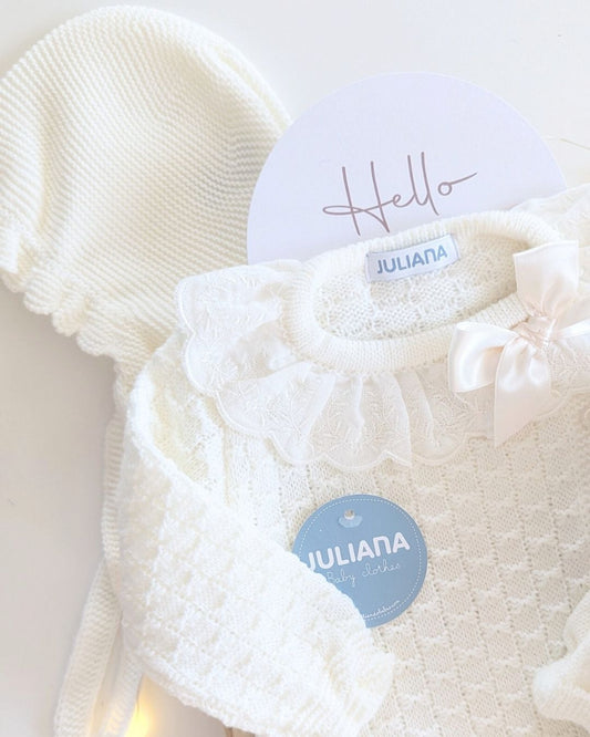 Conjunto Polaina Cuadritos Lazo Crudo 25558 - Colección Leyenda de Juliana