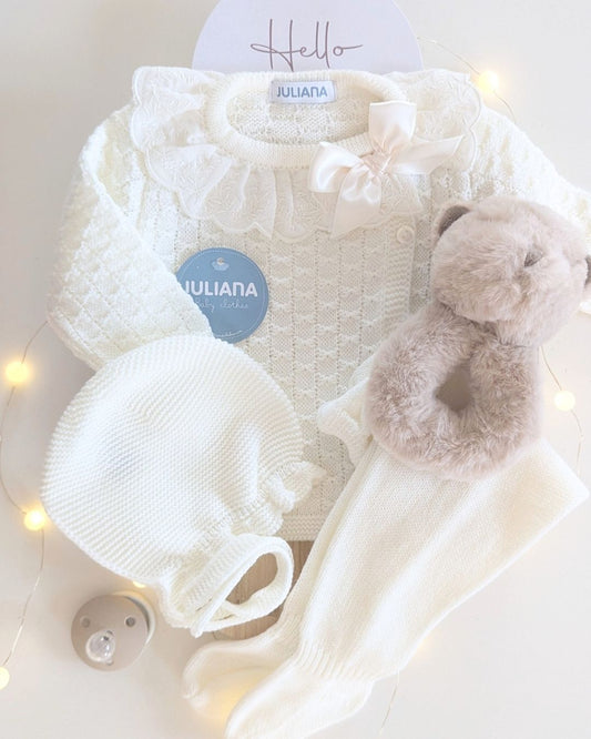 Conjunto Polaina Cuadritos Lazo Crudo 25558 - Colección Leyenda de Juliana