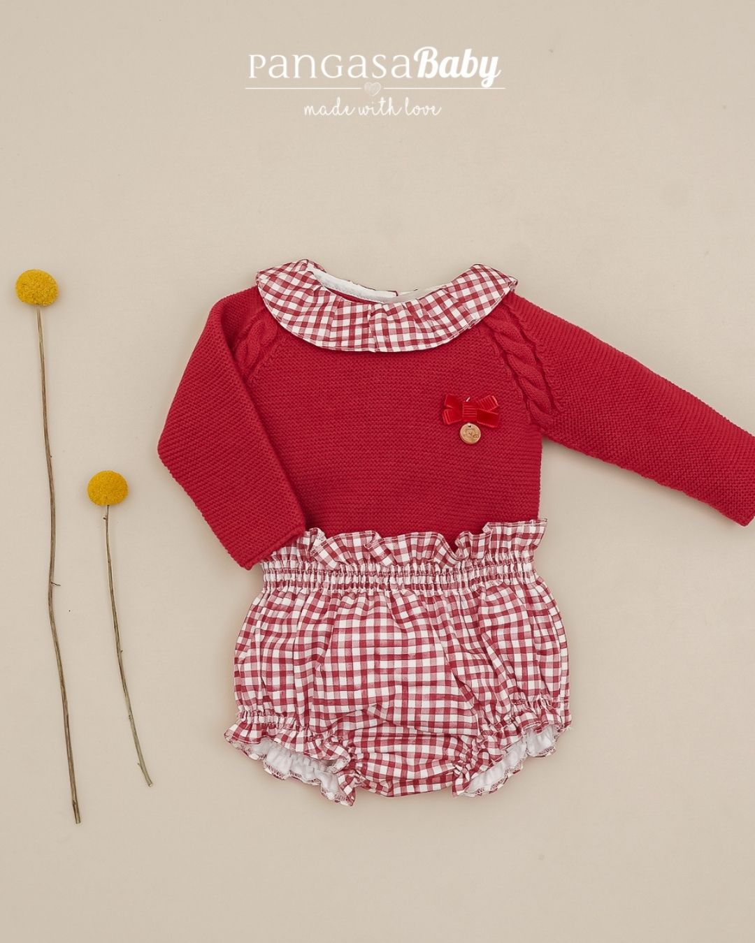 Conjunto Braguita Cuadros Granate Cereza 💖 Rouge Couture - Pangasa Baby