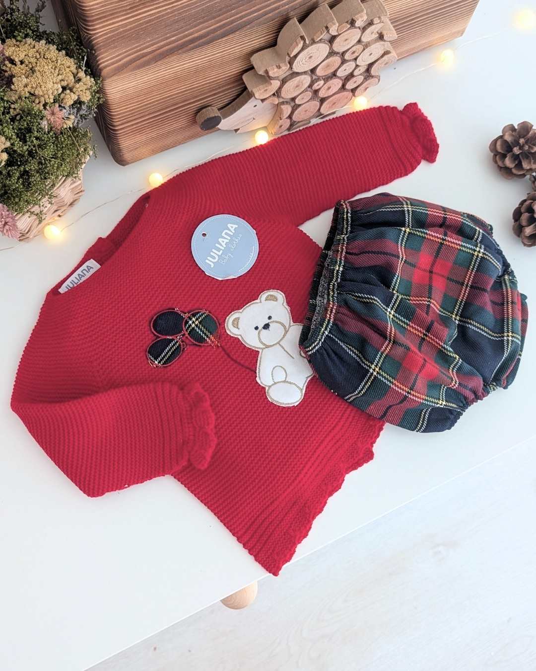 Conjunto Braguita Oso Globo Rojo - Colección Baya Juliana