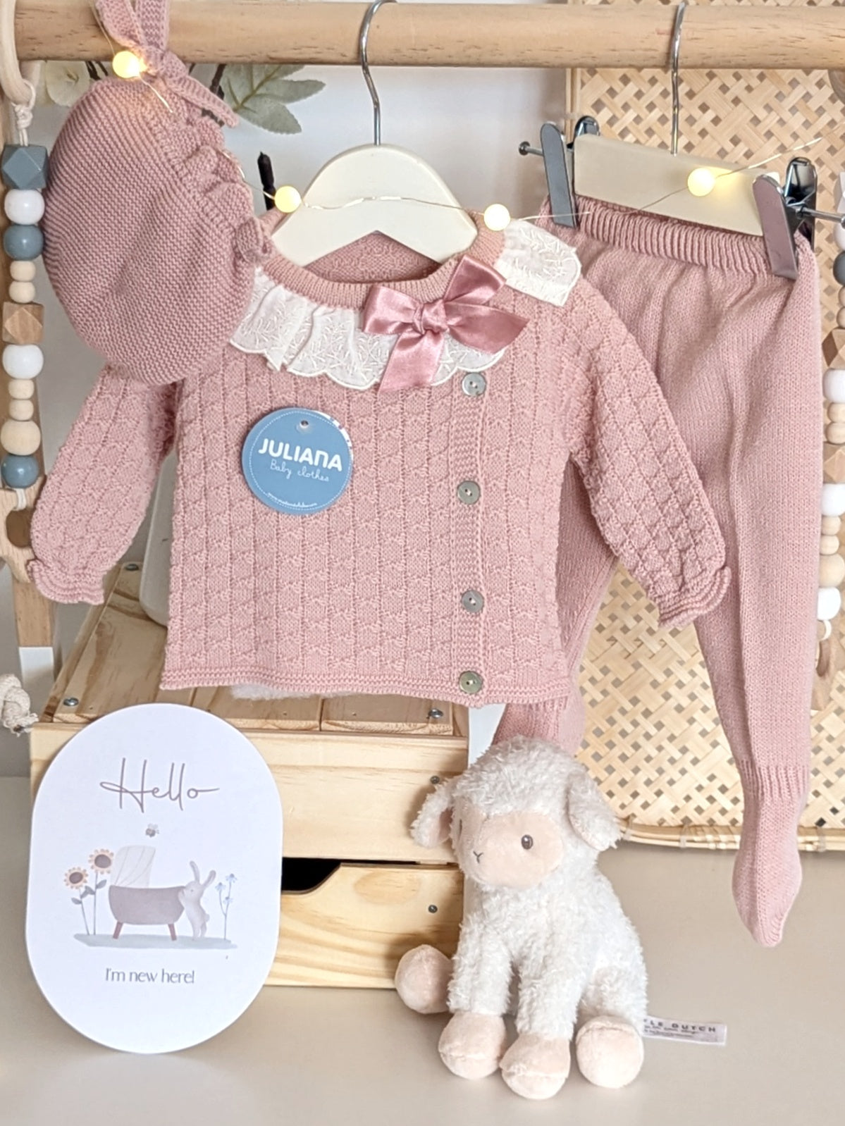 Conjunto Polaina Cuadritos Lazo Rosa Empolvado - Colección Leyenda de Juliana