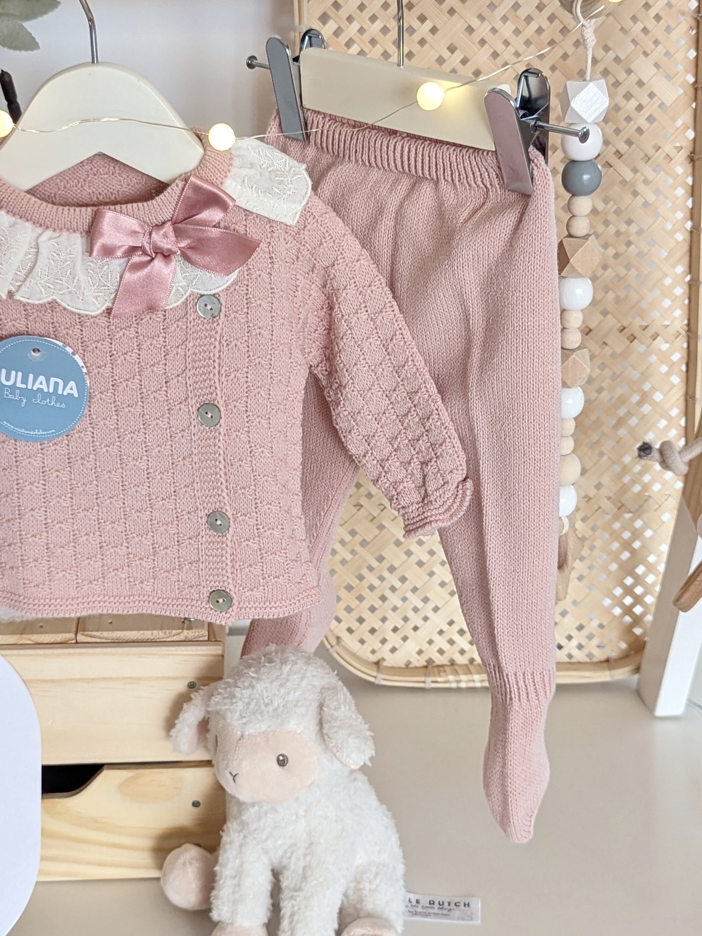 Conjunto Polaina Cuadritos Lazo Rosa Empolvado - Colección Leyenda de Juliana