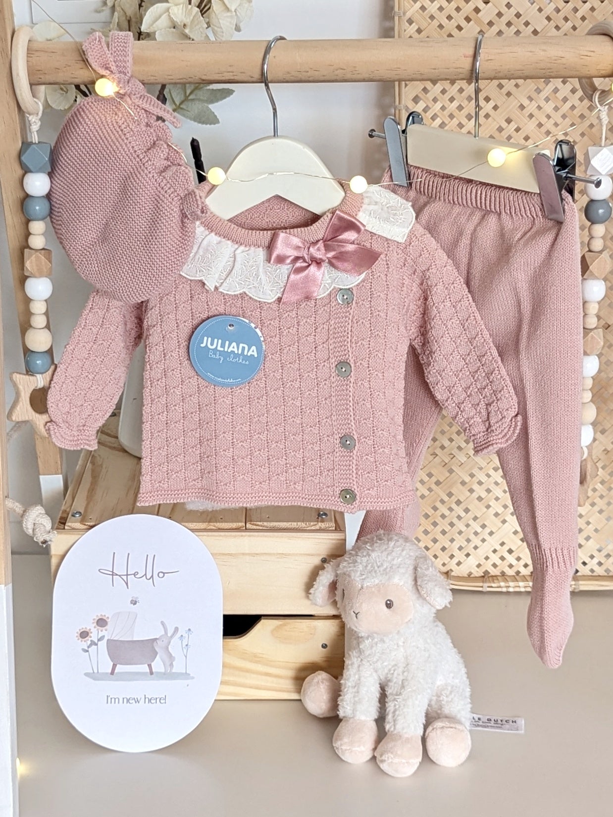 Conjunto Polaina Cuadritos Lazo Rosa Empolvado - Colección Leyenda de Juliana