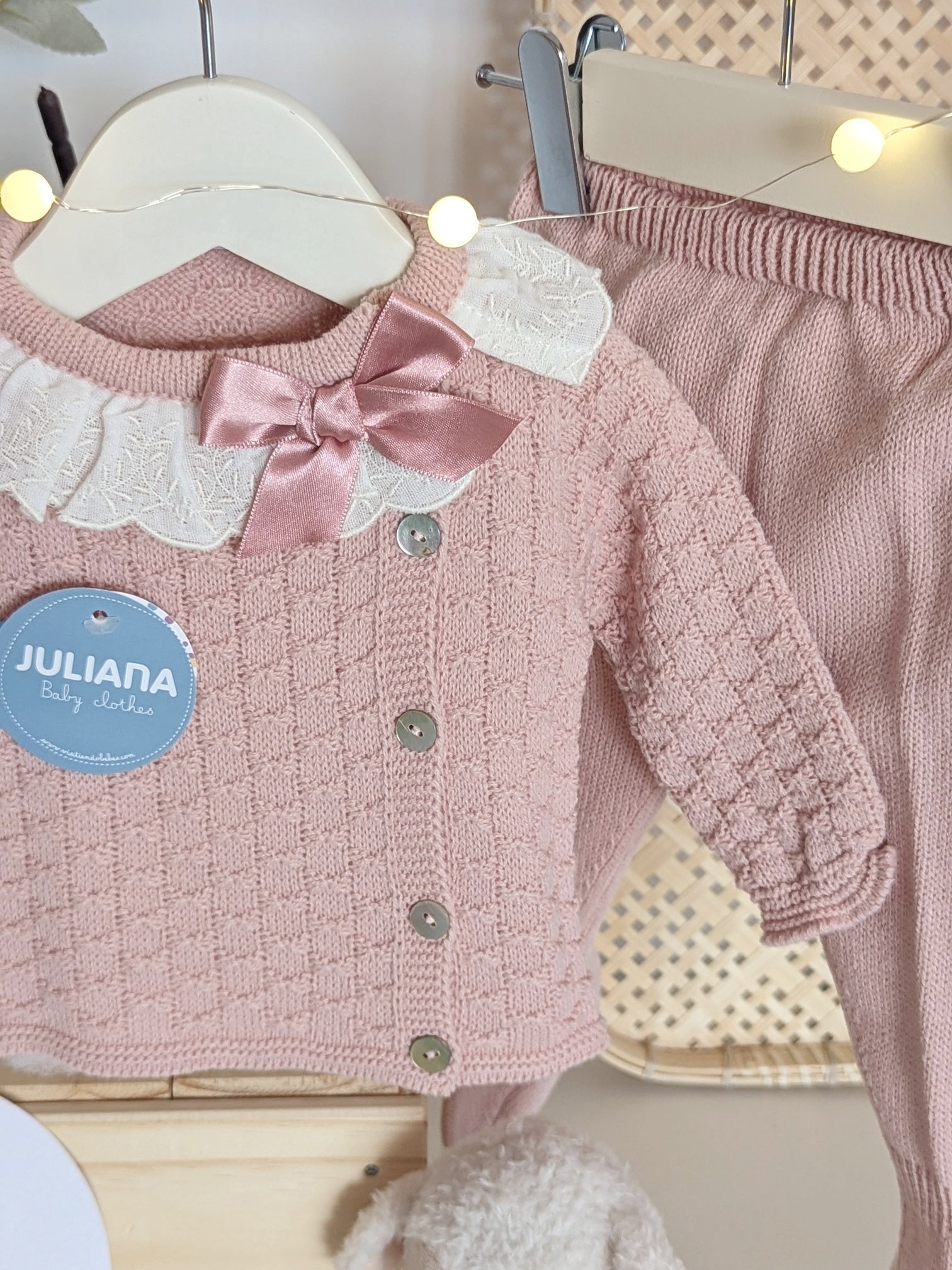 Conjunto Polaina Cuadritos Lazo Rosa Empolvado - Colección Leyenda de Juliana