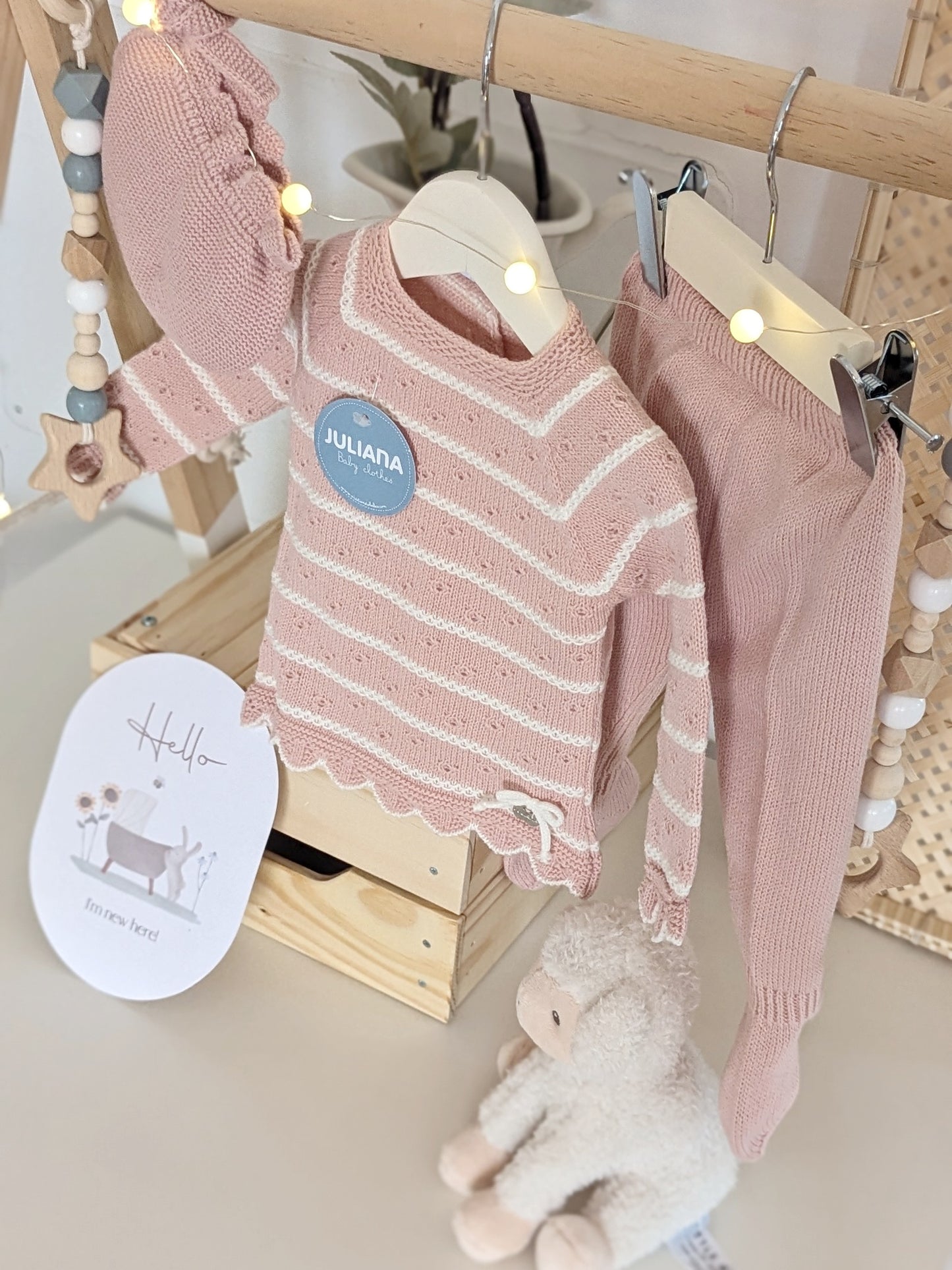 Conjunto Polaina Rayado Trenzas Rosa Empolvado - Colección Leyenda de Juliana