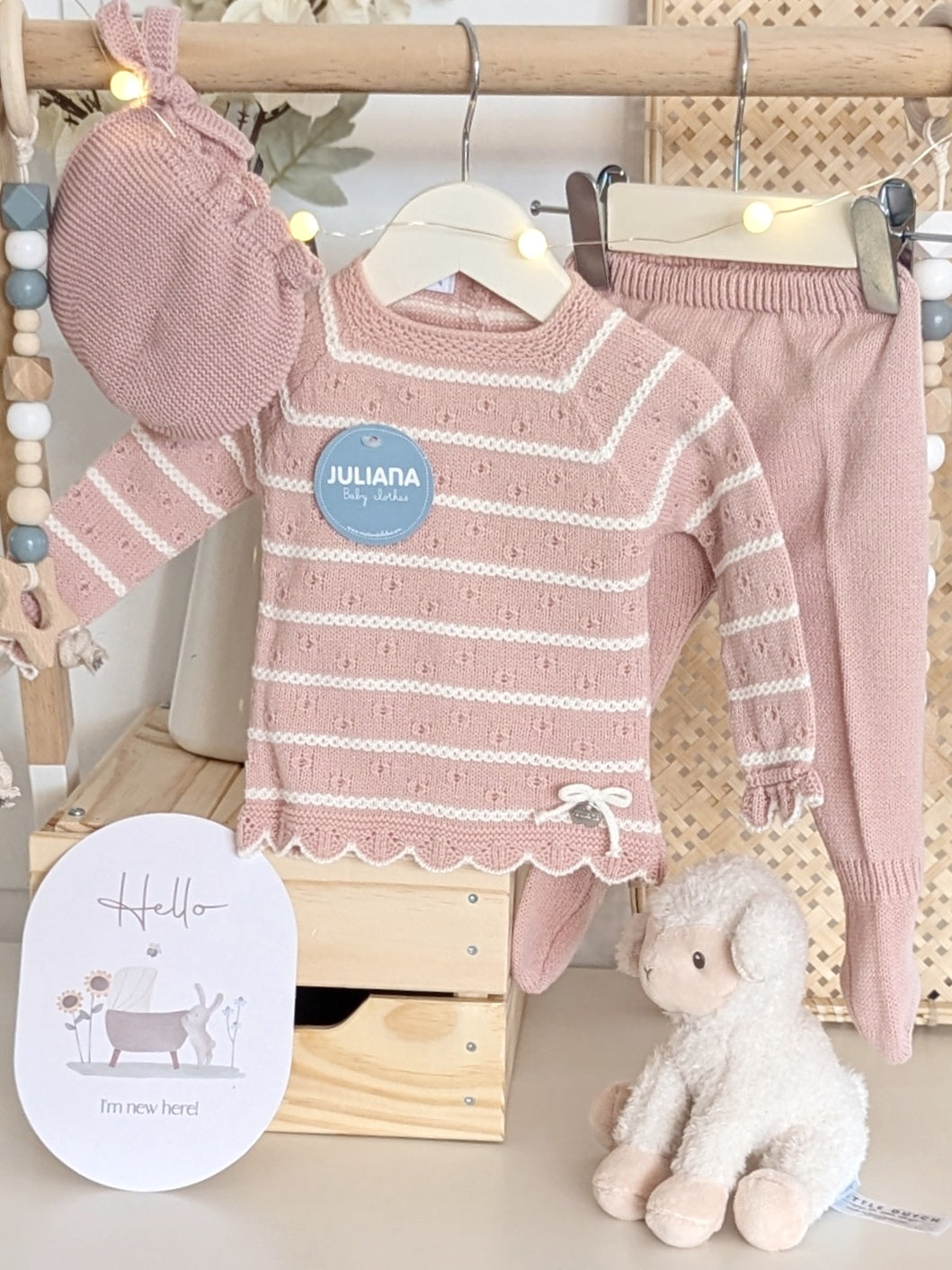 Conjunto Polaina Rayado Trenzas Rosa Empolvado - Colección Leyenda de Juliana