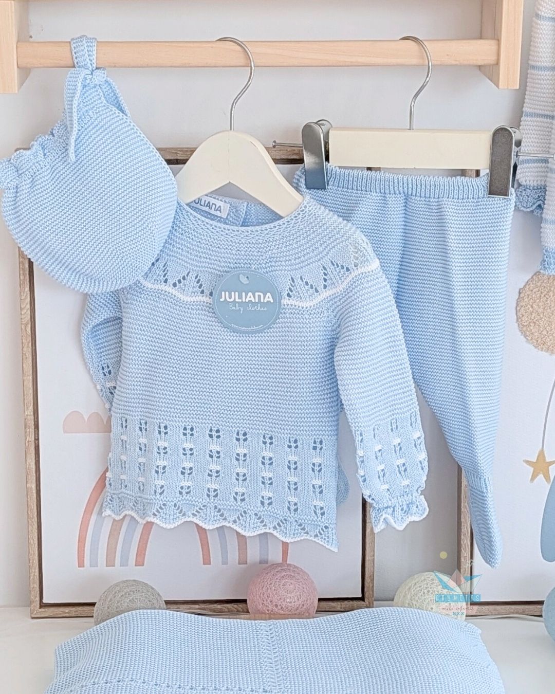 Conjunto bebé polaina Celeste/Blanco 🍊 Colección Mandarina - Juliana