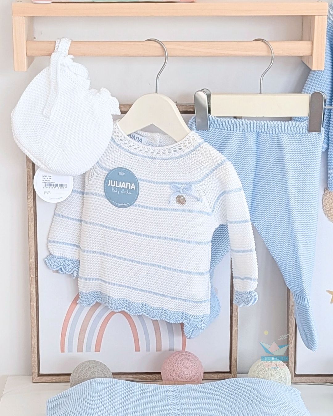 Conjunto bebé polaina Rayado Blanco/Celeste 🤎 Colección Canela - Juliana