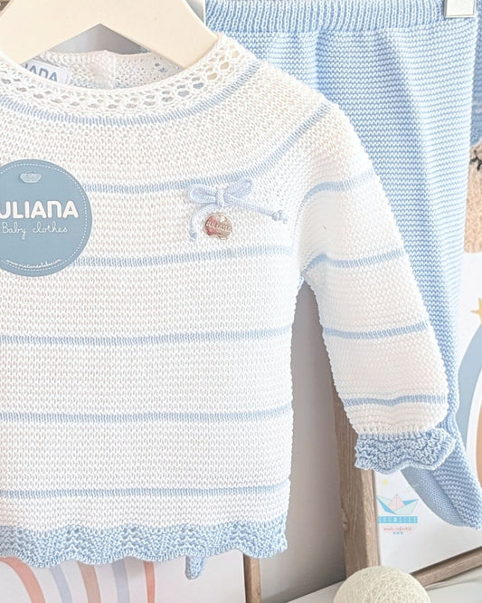 Conjunto bebé polaina Rayado Blanco/Celeste 🤎 Colección Canela - Juliana