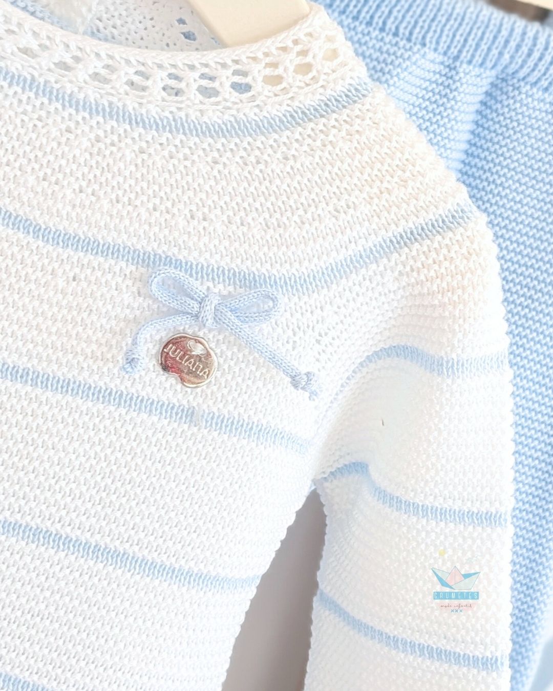 Conjunto bebé polaina Rayado Blanco/Celeste 🤎 Colección Canela - Juliana