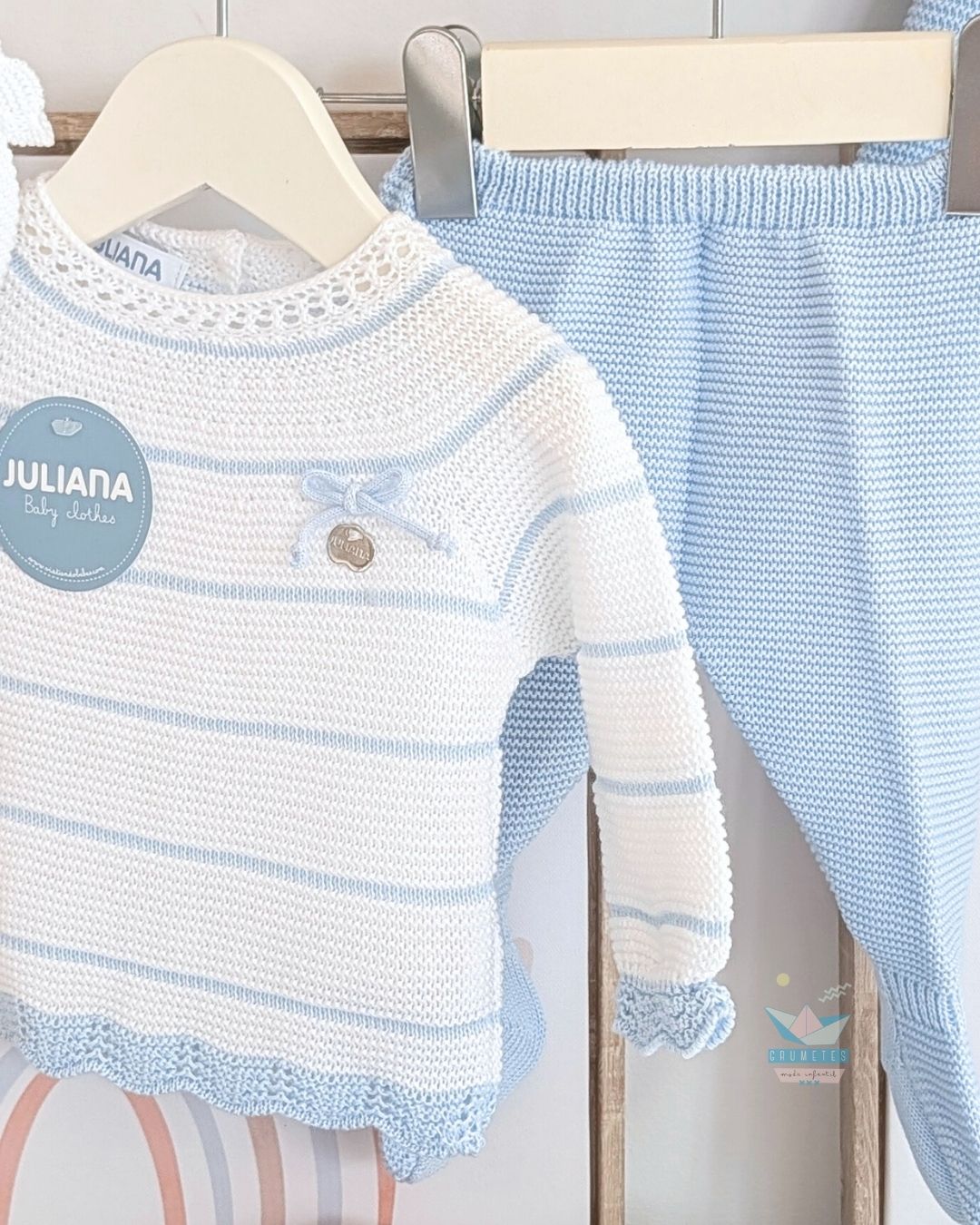 Conjunto bebé polaina Rayado Blanco/Celeste 🤎 Colección Canela - Juliana