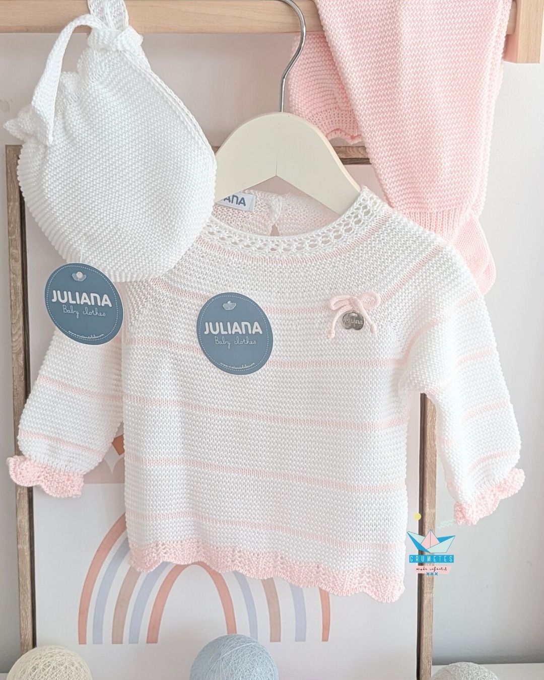 Conjunto bebé polaina Rayado BlancoRosa🤎 Colección Canela - Juliana