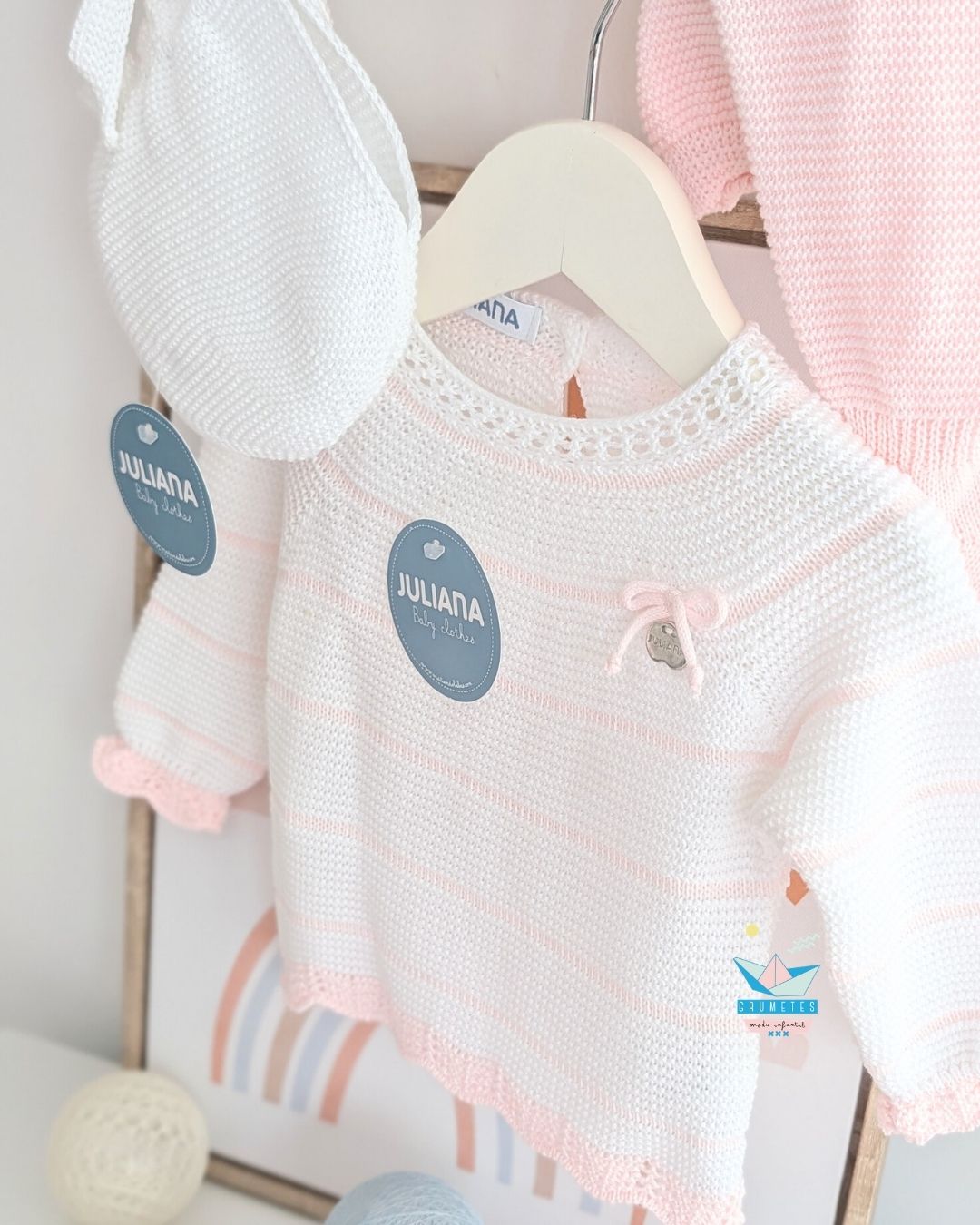 Conjunto bebé polaina Rayado Blanco/Rosa🤎 Colección Canela - Juliana