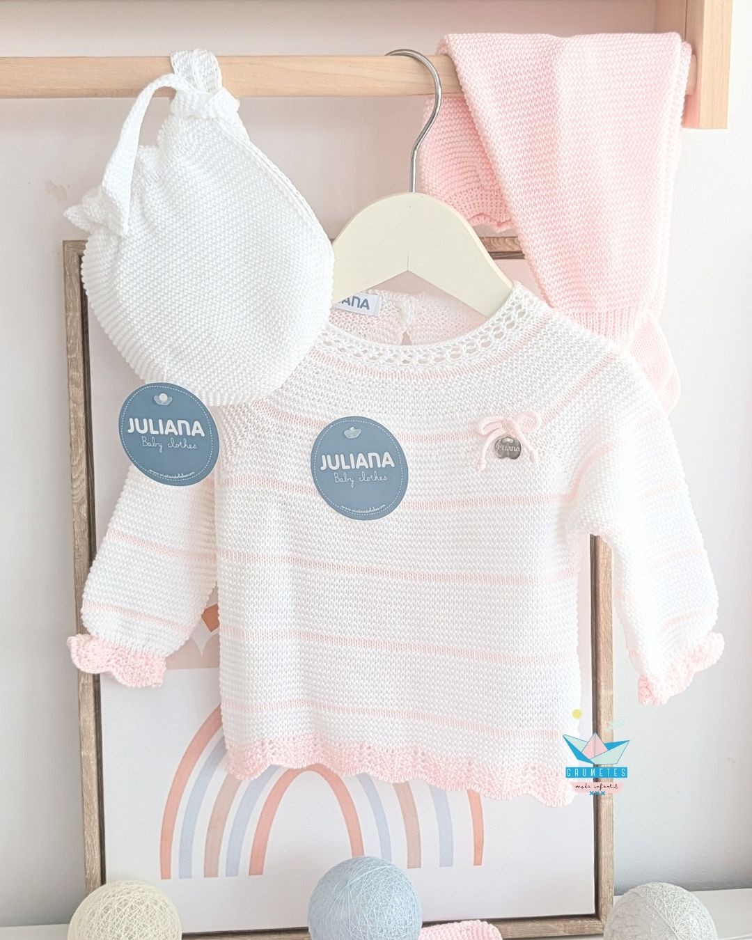 Conjunto bebé polaina Rayado Blanco/Rosa🤎 Colección Canela - Juliana
