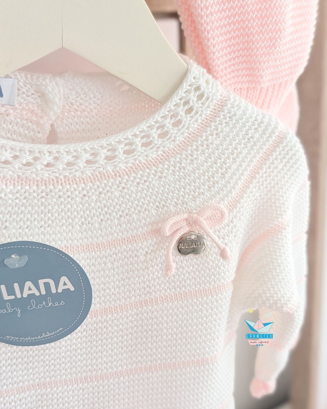 Conjunto bebé polaina Rayado Blanco/Rosa🤎 Colección Canela - Juliana