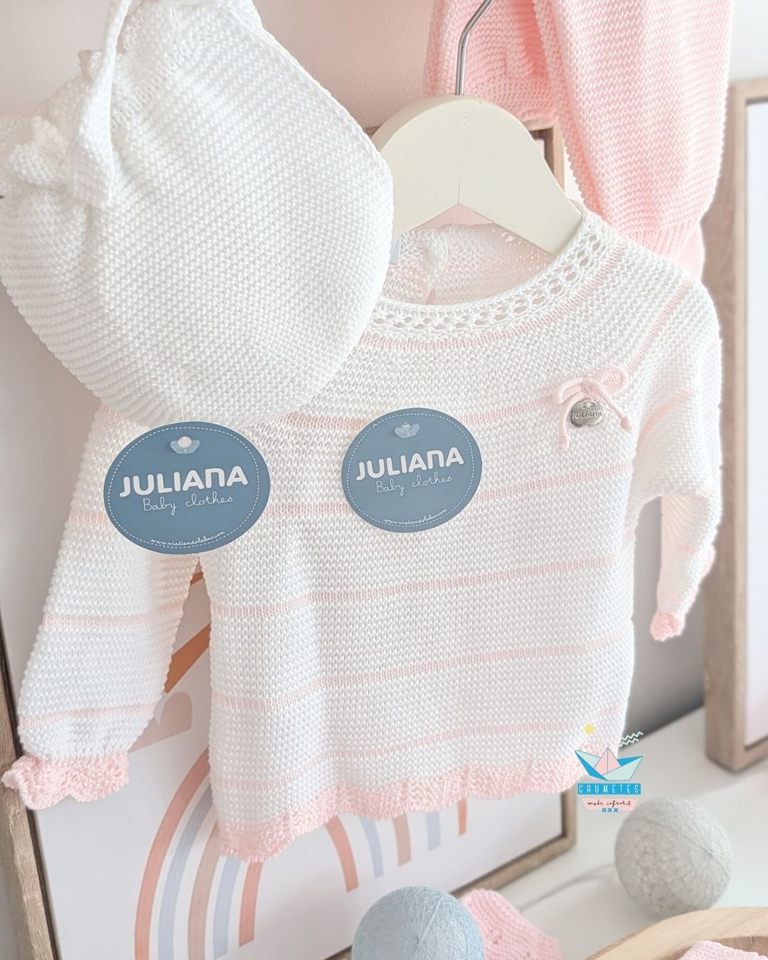 Conjunto bebé polaina Rayado Blanco/Rosa🤎 Colección Canela - Juliana