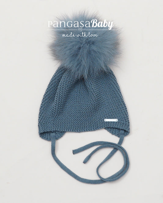 Gorro Orejero Pompón Pelo Azul Petróleo - Pangasa Baby