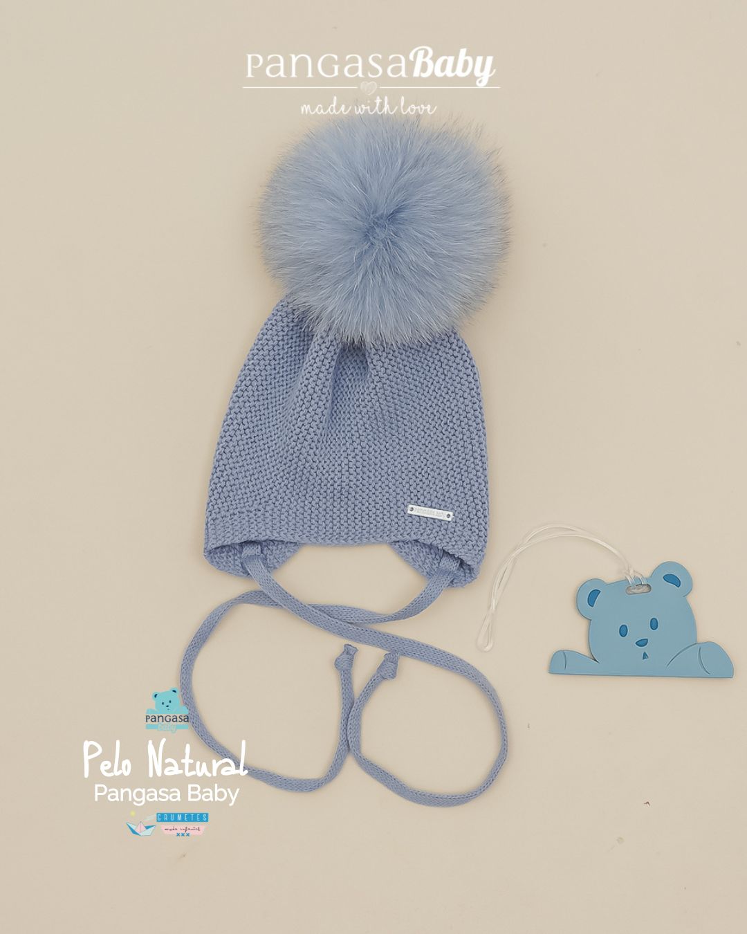 Gorro Orejero Pompón Pelo Natural Sintetico Bruma - Pangasa Baby