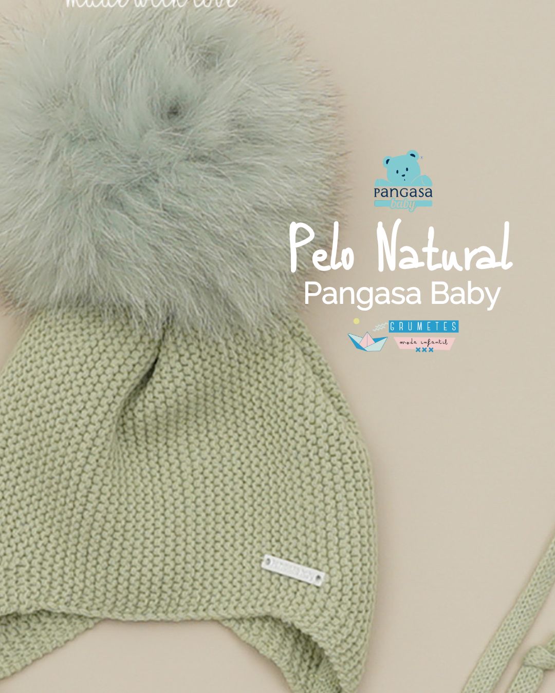 Gorro Orejero Pompón Pelo Natural Sintetico Verde Hoja - Pangasa Baby