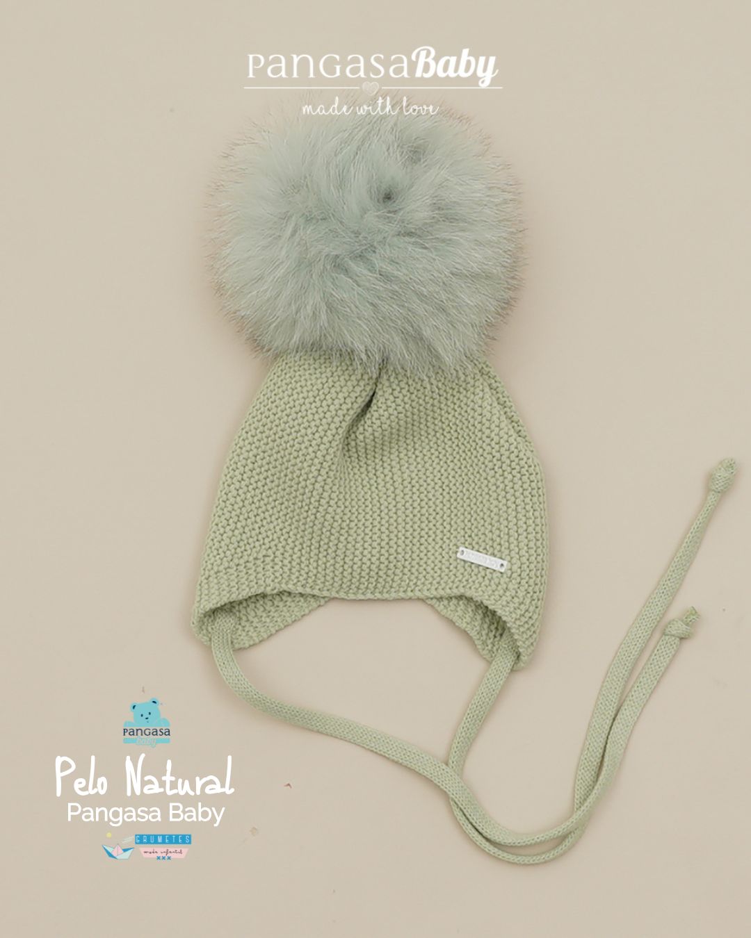 Gorro Orejero Pompón Pelo Natural Sintetico Verde Hoja - Pangasa Baby