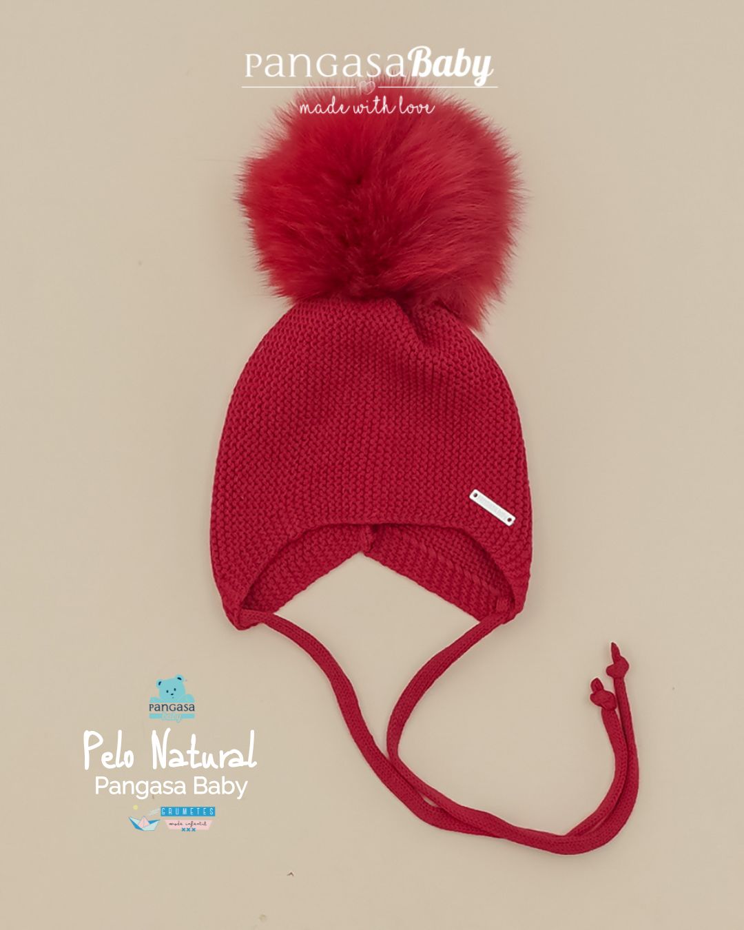 Gorro Orejero Pompón Pelo Natural sintetico rojo Granate cereza - Pangasa Baby