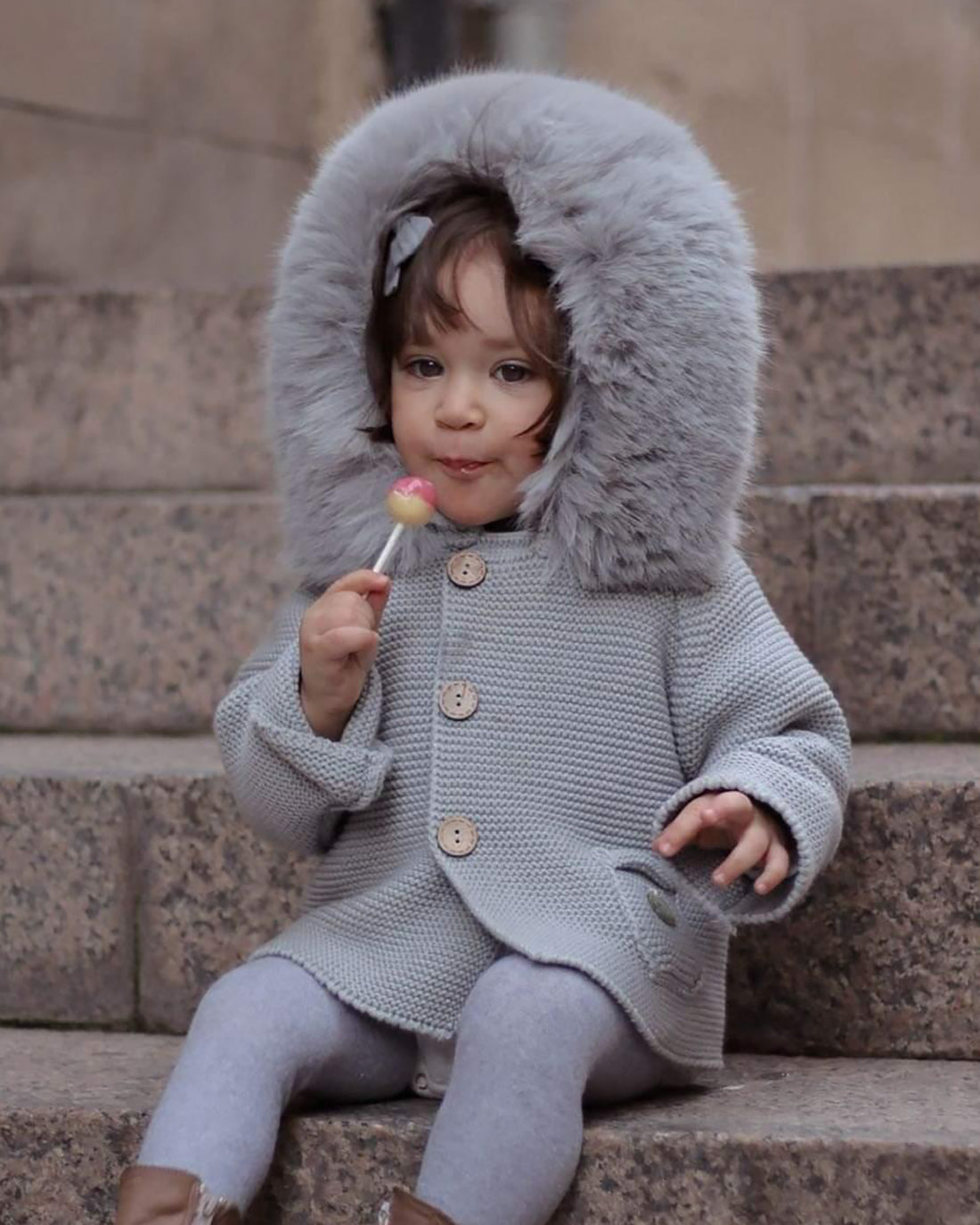 Chaqueta Abrigo Pelo Gris Bebe Valentina Bebés Abrigo Con Capucha