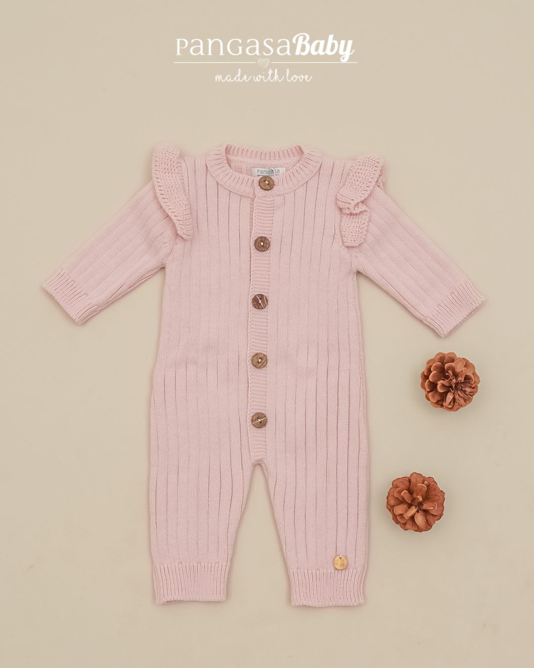 Pelele Punto Largo Volantes Rosa Empolvado - Pangasa Baby