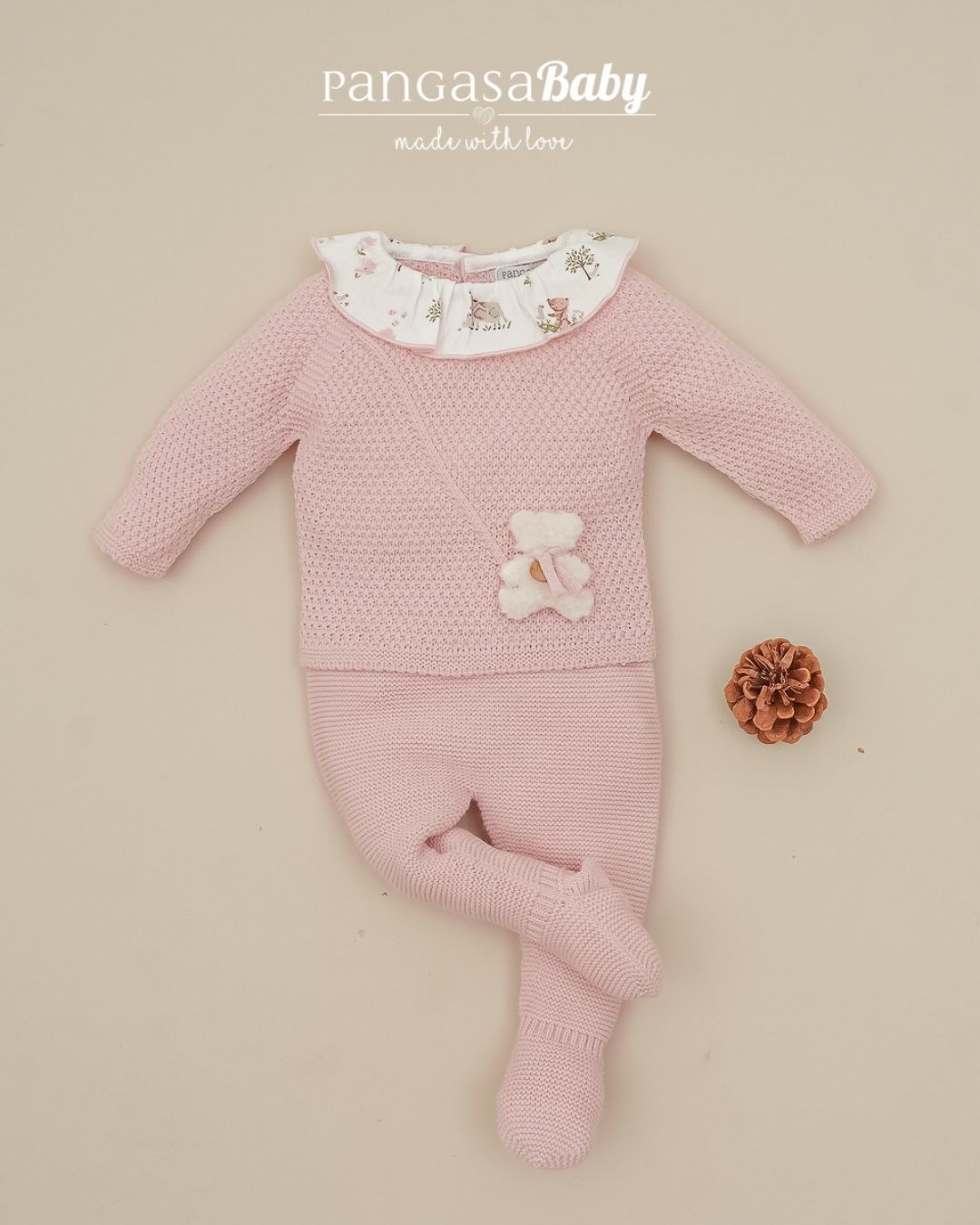 Primera puesta Cuello Volante Teddy Rosa Empolvado 🧸 Ositos Tiny Bear - Pangasa Baby