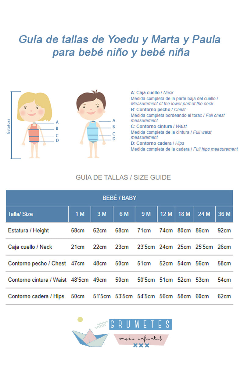 Guia de talla Oficial de Yoedu Moda Infantil para bebe en www.tiendagrumetes.es