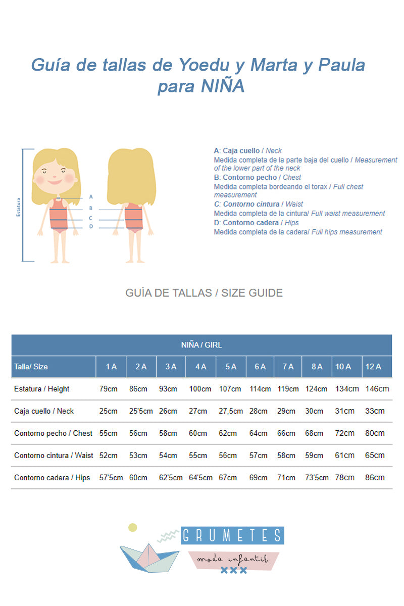 Guia de tallas y medidas de Yoedu Marta y Paula vestidos niña